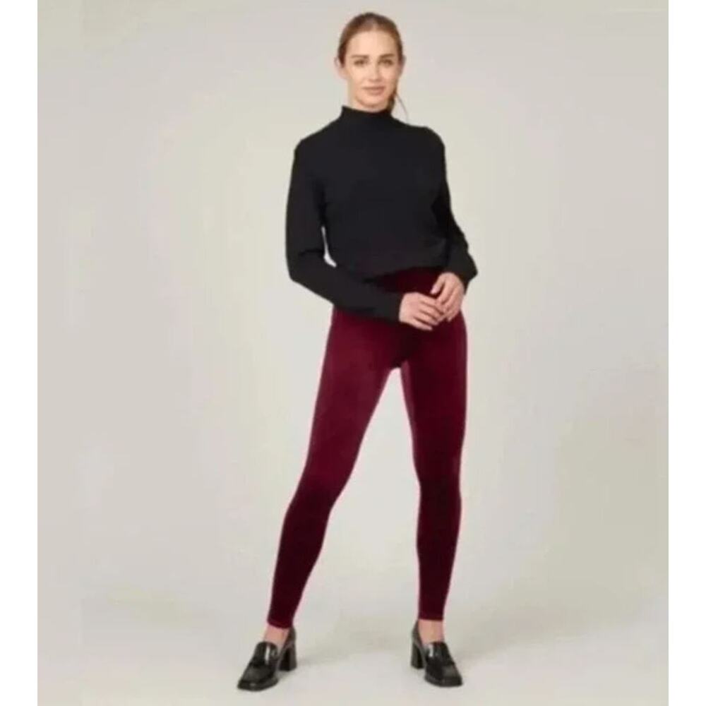 SPANX Velvet Leggings Slimming Tummy Control Velour Merlot Wine Sz M‎